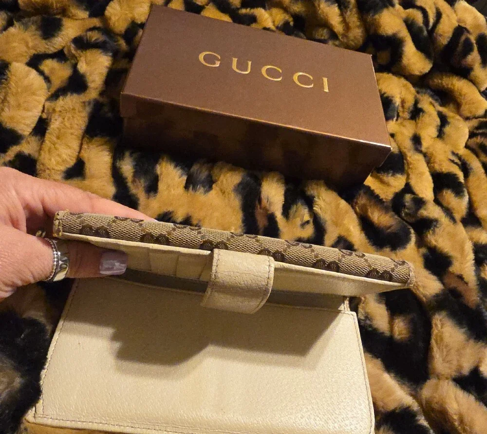 Gucci Beige GG Monogram Continental Wallet with Gold Accent